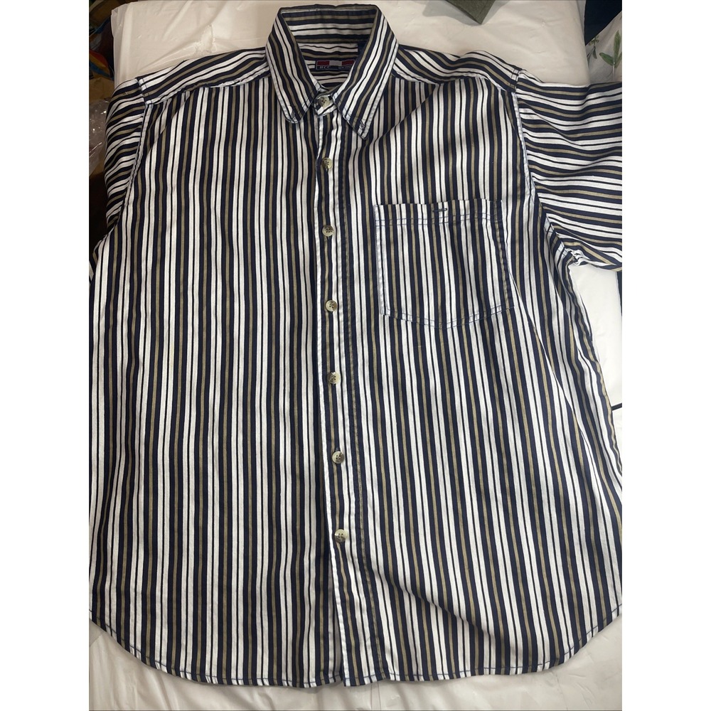 HCC New York Men's Medium Navy White Gold Vertical Stripe Short Sleeve Button Up